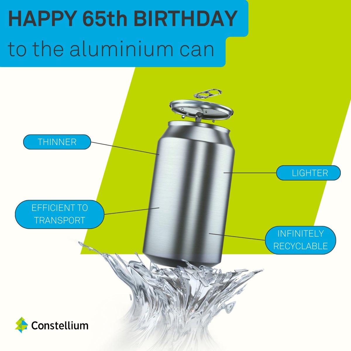 Today marks the 65th birthday of the recyclable #aluminium can! Constellium continues to innovate on this classic aluminium packaging, while prioritizing sustainability. Learn more: ow.ly/emAZ50QsIyh

#IdeasMaterialized #OTD  #aluminum #packaging #recycle