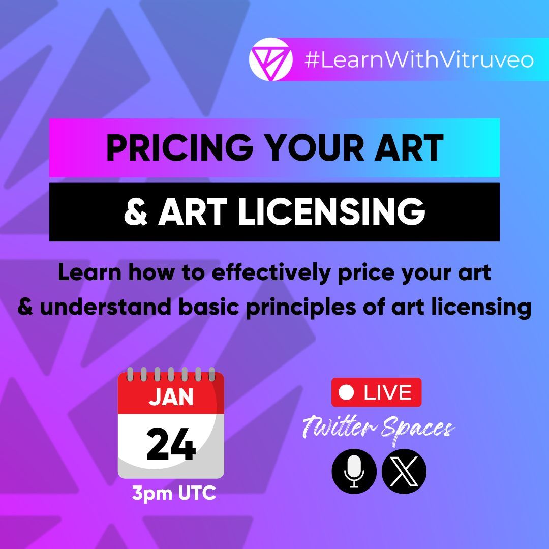 Time for #LearnWithVitruveo!

🎨 Join our X Spaces LIVE workshop for artists; dive into strategies for pricing both your physical and digital masterpieces. Plus, get the lowdown on art licensing basics. 

x.com/i/spaces/1nake… 

Don't miss out! 

#CreativeEntrepreneur