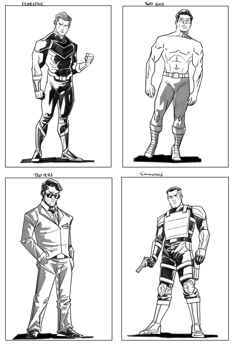 Four more characters from my upcoming comic 'Indivisibles.' They are the superheroes Eldridge on the top left and Two-Fold on the top right. Also pictured are villains Proteus on bottom left, and Agent Simmons on the bottom right. #Indivisibles #Comics #IndieComics #superheroes