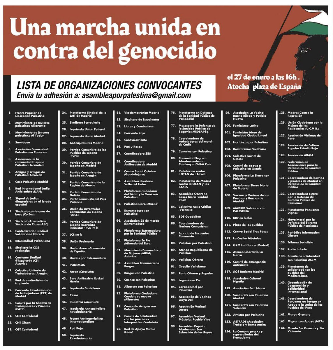 144 organizaciones palestinas e internacionalistas del Estado español empeñadas en apoyar la solidaridad con Palestina, contra el colonialismo israelí y el imperialismo yanki.

Nos vemos en Madrid este sábado 🇵🇸
#27EneroConPalestina