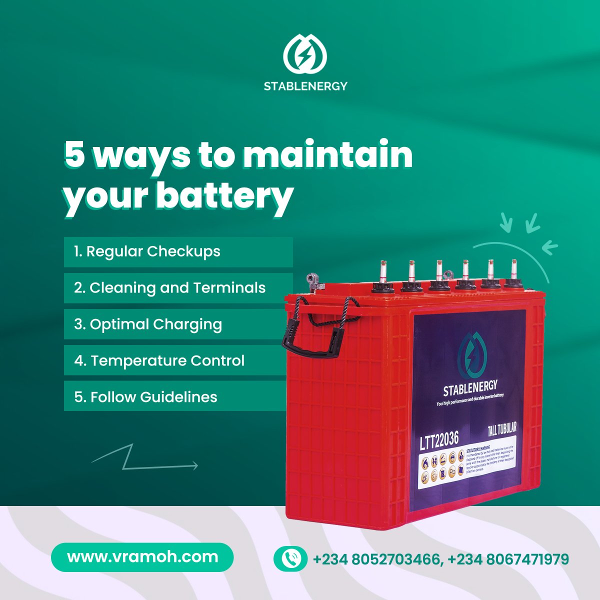 stablenergyng's tweet photo. Visit https://t.co/WiPSbCbC8R or call these numbers +234 805 270 3466, +234 806 747 1979 to find out how you can get the best batteries money can buy.

#Stablenergy #Nigeria #SolarPower #Solar https://t.co/1g16GJGT4S