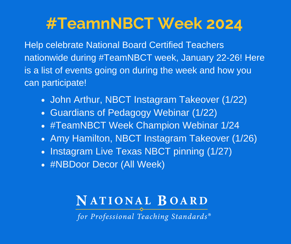 It's #TeamNBCT week! Our chance to say we love all our NBCTs! We want to celebrate all the National Board Certified Teachers across the country! Here is a list of everything happening this week!
