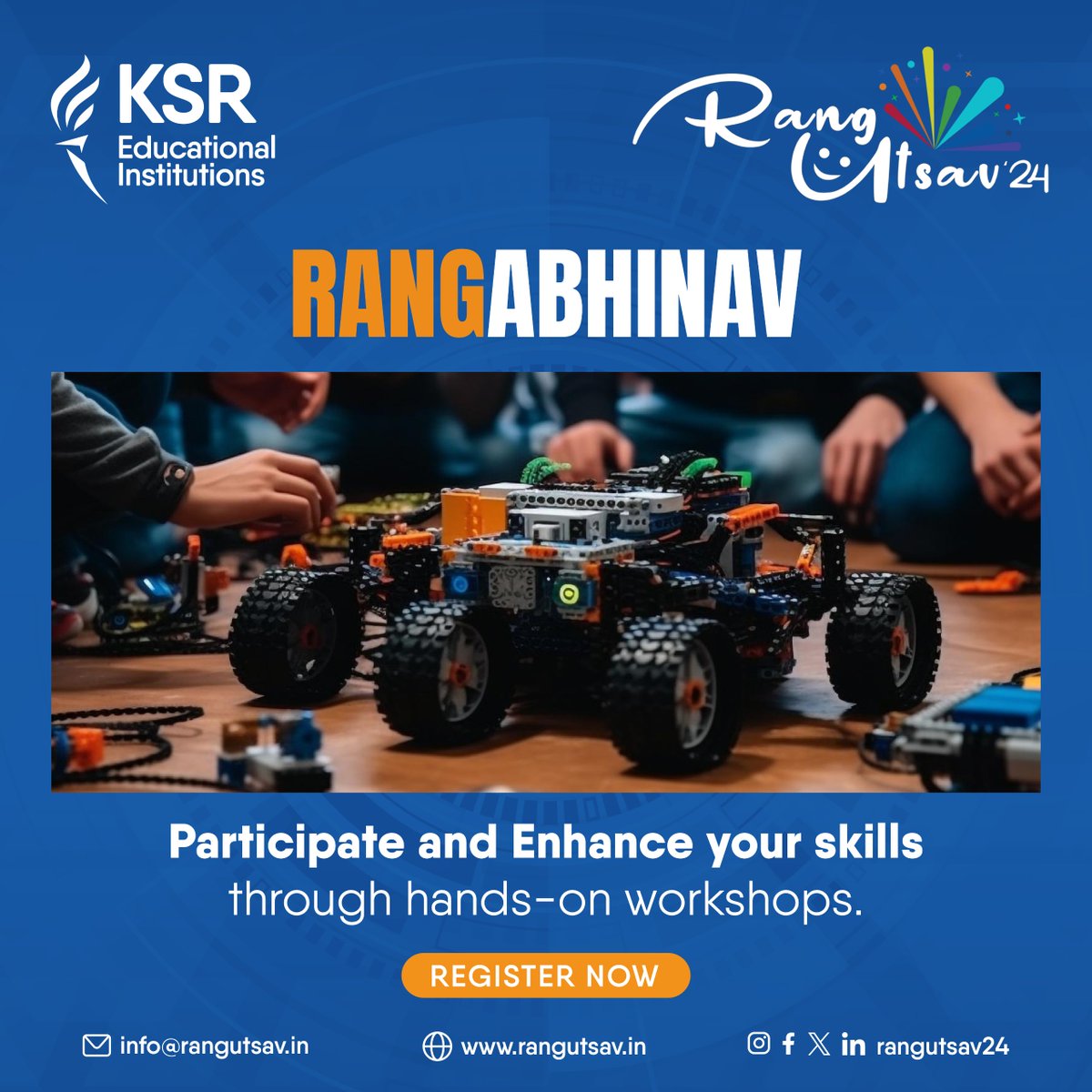 Ready to redefine tech excellence? Join us at RangAbhinav, where minds collide and innovation ignites! Let the Technical Workshop be your canvas for mastering the art of technology. #RangAbhinav #TechMasters #InnovationCanvas #RangUtsav #KSR #WeLoveKSR #rangutsav24 #technofest