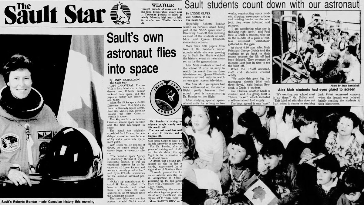 Matthew Shoemaker (@sooshoe) on Twitter photo On this date in 1992, <a href="/CitySSM/">Sault Ste. Marie</a>'s <a href="/RobertaBondar/">Dr. Roberta Bondar</a> became Canada's first female astronaut and the first neurologist in space. 32 years later, her hometown remains incredibly proud of her and all she has achieved. On this date in 1992, <a href="/CitySSM/">Sault Ste. Marie</a>'s <a href="/RobertaBondar/">Dr. Roberta Bondar</a> became Canada's first female astronaut and the first neurologist in space. 32 years later, her hometown remains incredibly proud of her and all she has achieved.
