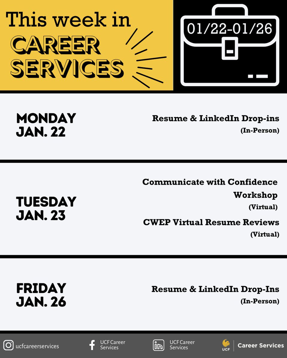 🎇This Week in Career Services: 1/22-1/26🎇
Take a look at what happening this week! 👀
Check out handshake to learn more and register!👏
-
#job #career #ucfcareerservices #UCFsocial #orlando #ucf #ucf2024 #2024 #goknights #florida #internship #resume #springsemester #spring