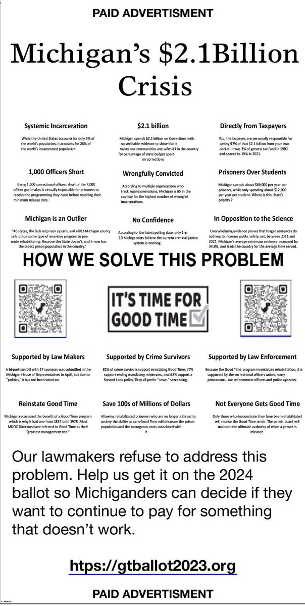 Our lawmakers refuse to address this problem. Please help us get Good Time on the 2024 ballot 🙏 We need to spread the word and get as many signatures as we  could. Contact contact@mijustice.org for info to help!