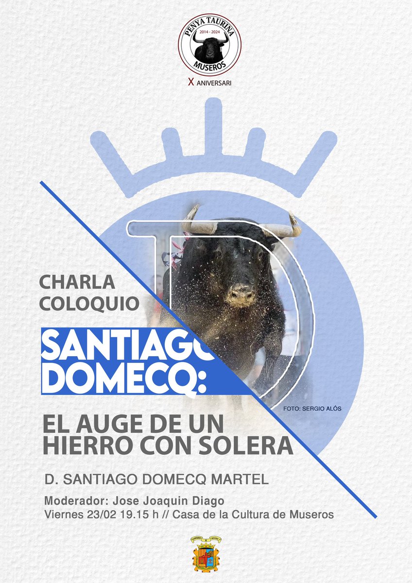 Nos hace especial ilusión y es un auténtico honor que el ganadero 𝐃. 𝐒𝐚𝐧𝐭𝐢𝐚𝐠𝐨 𝐃𝐨𝐦𝐞𝐜𝐪 pueda estar presente en Museros el próximo 𝐯𝐢𝐞𝐫𝐧𝐞𝐬 𝟐𝟑 𝐝𝐞 𝐅𝐞𝐛𝐫𝐞𝐫𝐨.

Os esperamos a todos! 

Peña Taurina Museros - 10 Aniversario.