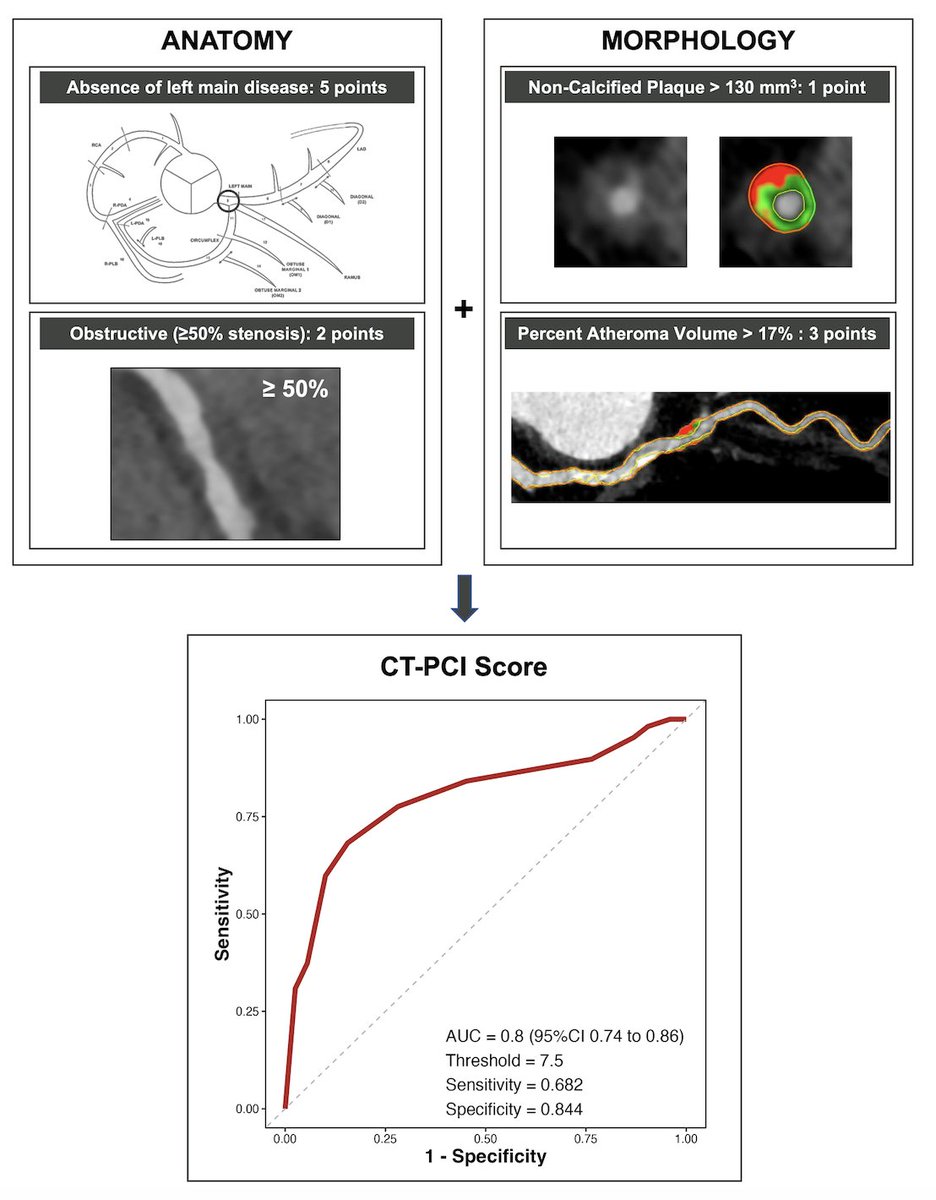 CCTA-plaque anatomical+morphological predictors of PCI in CCS:
💥Absence of LM disease➡️5pts
💥DS≥50%➡️2pts
💥Non-calcified plaque volume&gt;130mm3➡️1pt
💥Percent atheroma volume&gt;17%➡️3pts
🎯The CT-PCI Score (cut-off&gt;7) aids in identifying pts for PCI!
#JCCT
journalofcardiovascularct.com/article/S1934-…