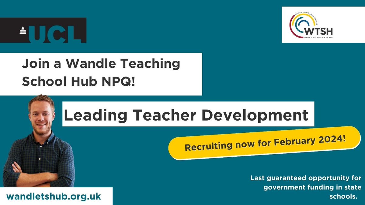 🙋Are you aspiring to have responsibilities for leading the development of other teachers in your school?🙋

Join a Wandle Teaching School NPQ starting in February 2024!👇

wandletshub.org.uk/npqs-2/-NPQ-Ap…

#leadingteachers #teacherdevelopment