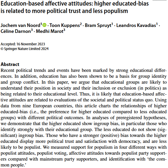 jochemvnoord's tweet photo. 🏁New paper! We find that affective bias towards 'the higher educated' is associated with more political trust, satisfaction w/ democracy and less populism

In @ActaPolitica with @toonkuppens @BramSpruyt1 @LeandrosKavadia @celine_darnon @MedhiMarotPhD

https://t.co/iyf9cbW0Kl https://t.co/BUcH8PwLBZ