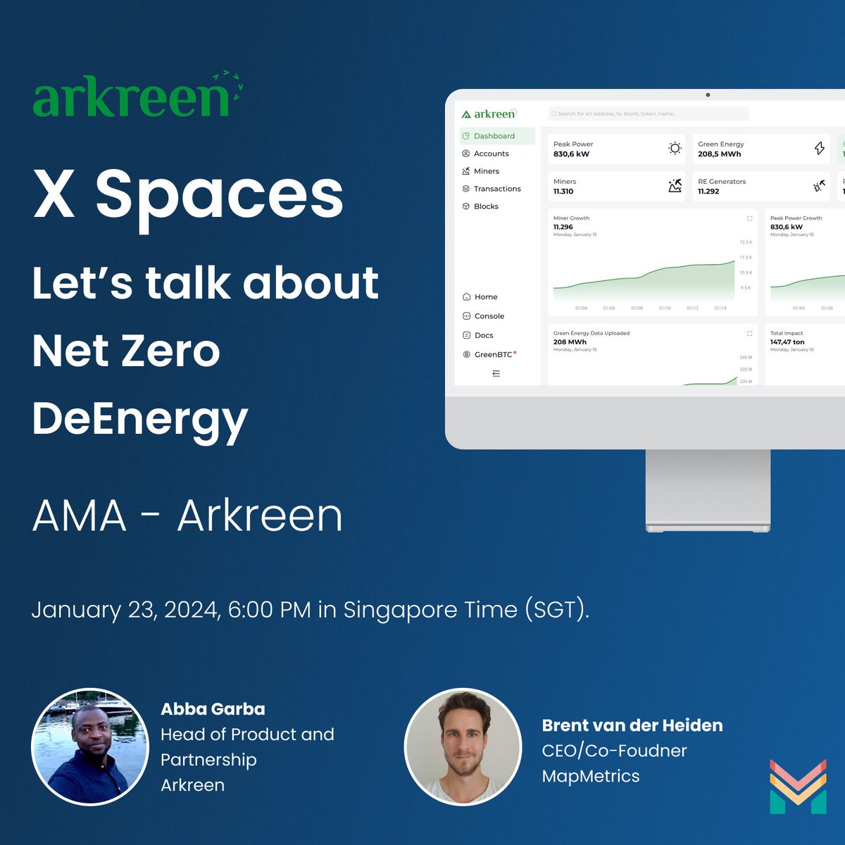 MapMetrics's tweet photo. Win a free miner by RT! 🚀

🌿 Exciting News! 🌍 Join our AMA tomorrow with @arkreen_network to explore how DePIN is transforming Green Energy! 🍃

Discover eco-friendly mining tips from @abbagarba1, Head of Product & Partnership at @arkreen_network, and learn to turn your home into a sustainable mining facility.

🗣 Guest Speaker: @abbagarba1

🎙 Moderated by: @BrendanvdHeiden, CEO & Co-founder of @MapMetrics

📅 Date & Time:
Jan 23rd, 10:00 AM (London Time)
Jan 23rd, 6:00 PM (Singapore Time)

🔗 Set a reminder for the Twitter Space: https://t.co/tPV0Z6CgLC

Don't miss out on the insights! 🌱 #DePIN #MapMetrics #ArkreenTalk #GreenEnergy