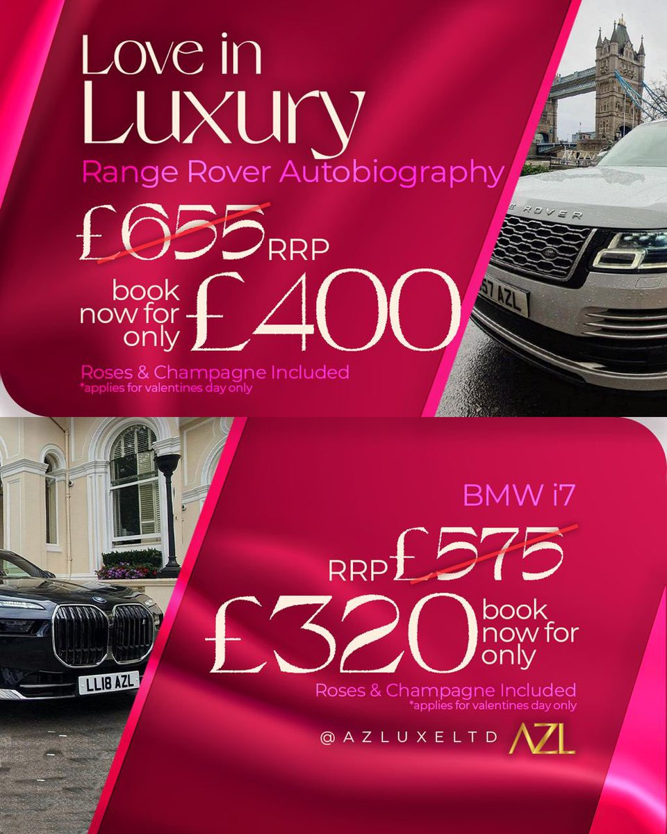 Are you ready for Valentine's Day?
How about a luxury chauffeur experience to spice things up?
Whether it's a scenic tour or a fancy dinner, we're here to make your day extra special. Buckle up for a ride filled with romance and excitement!

(Offer valid on 14/02/2024 ONLY)