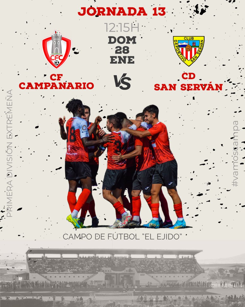 🏆 13ª Jornada | Primera División Extremeña

🆚 CD San Serván
📅 28/01
⏰ 12:15 H
💶 Entrada general: 7€ | Socios al corriente de pago: gratis
🏟️ Campo de Fútbol El Ejido

#vamoscampa🔴🔴