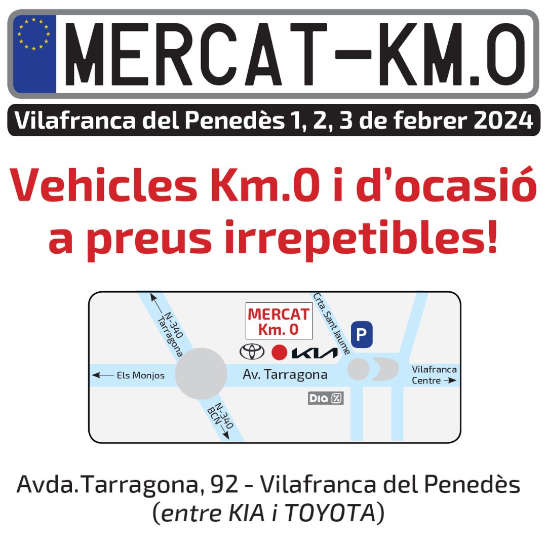 AUTOCAM1's tweet photo. Vine al MERCAT KM.0 a Vilafranca del Penedès de l'1 al 3 de febrer! Reserva dia a l'enllaç de la descripció del nostre perfil🔝

#autocam #mercatkm0 #mercat #km0 #cotxes #coches #oferta #ocasio #ocasion #fira #event #segundamano #vehicles #segonamà #vilafrancadelpenedes https://t.co/kkFpj7dosg