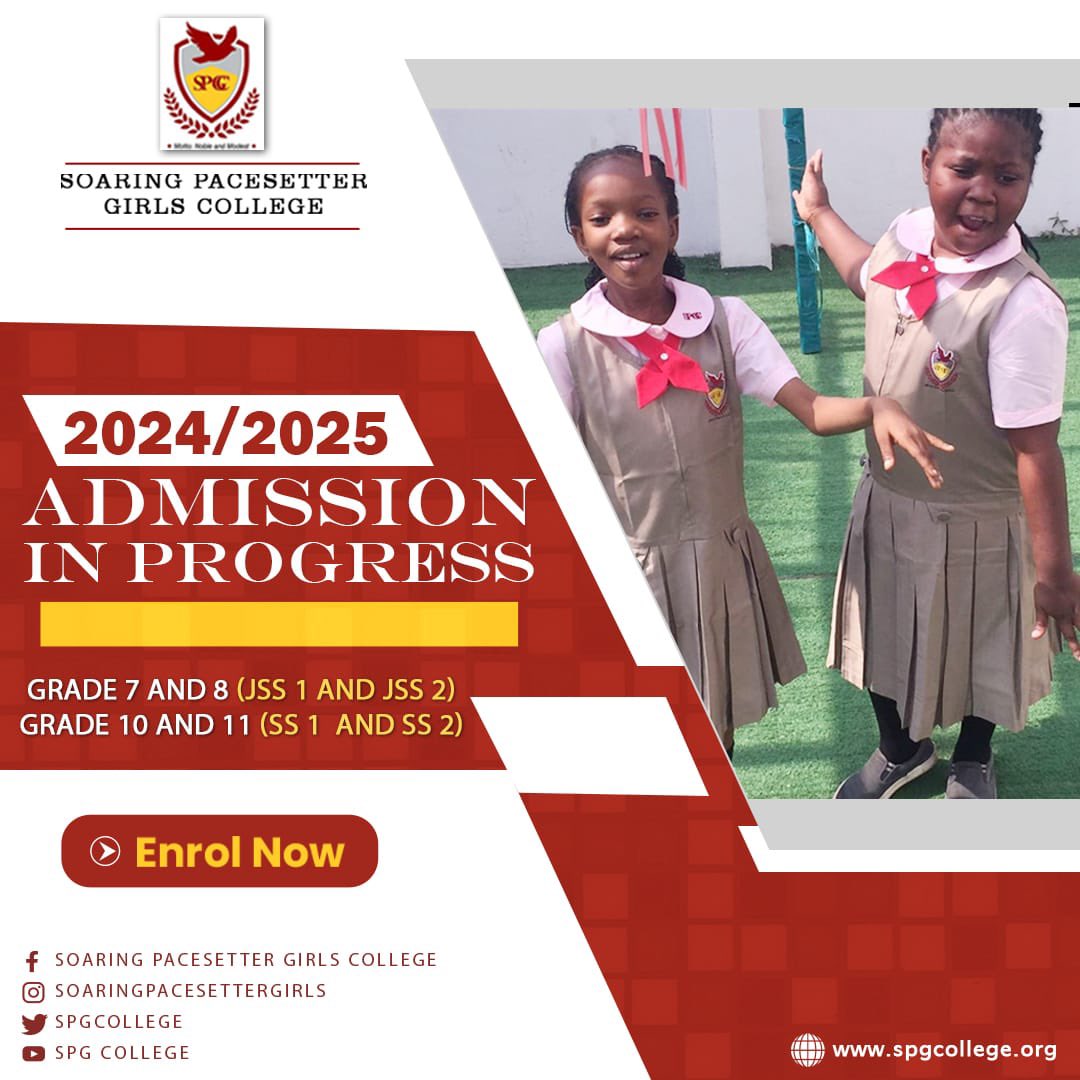 🌟 Unlock a world of knowledge at SPGC!📚 Admissions are open for JSS1, JSS2, SS1, and SS2 for the 2024/2025 Academic Session. Secure your child's future with quality education. 

Visit spgcollege.org to apply 

 #SPGCollege 
#Admissions2024
 
#admissioninprogress 🎓✨