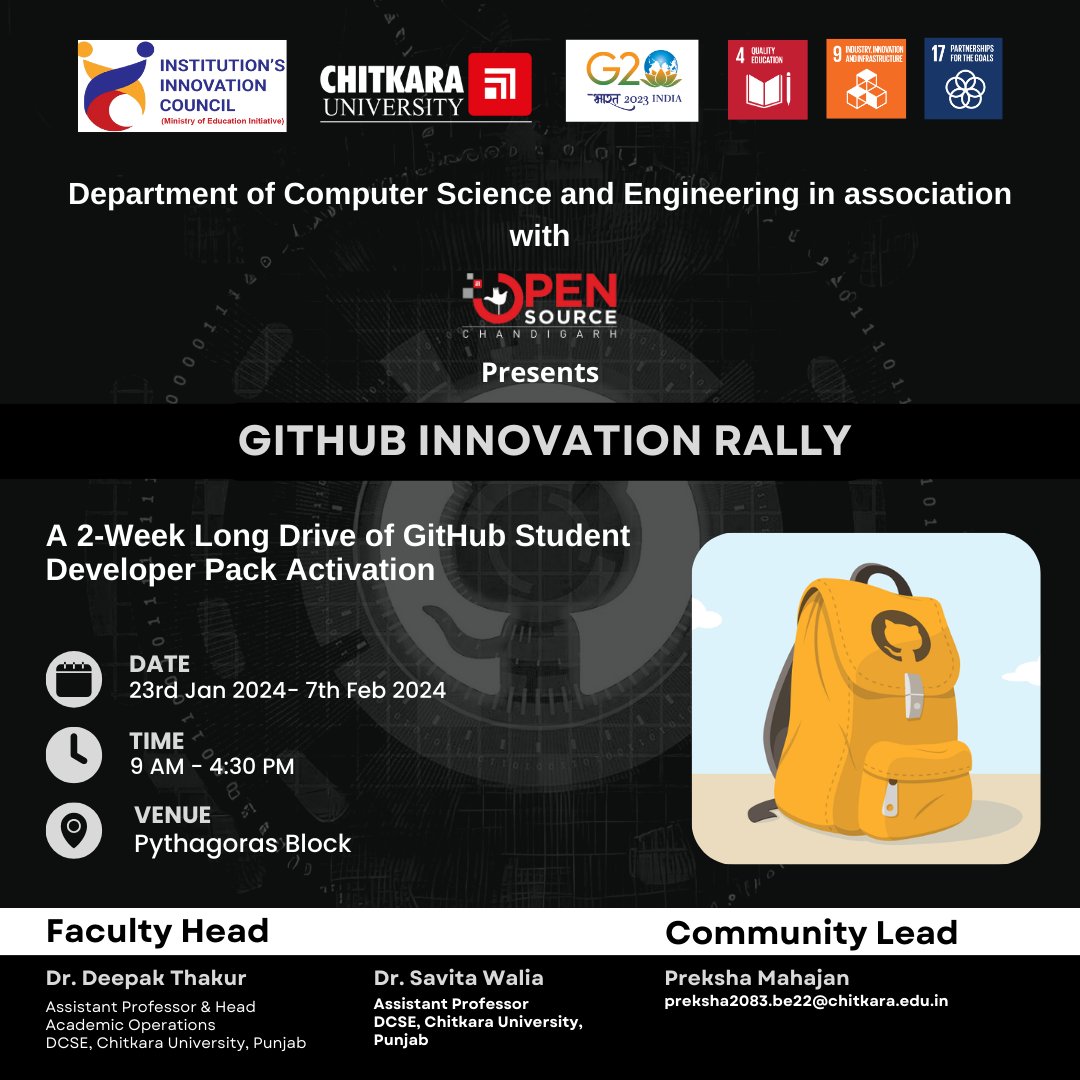 OSChandigarh's tweet image. @OSChandigarh in association with Department of Computer Science and Engineering, @ChitkaraU, Punjab is proud to launch "#GitHub Innovation Rally: A 2-Week Long Drive of #GitHubStudentDeveloperPack Activation" from 23 Jan to 7 Feb '24.
@github @GitHubIndia
#OpenSourceChandigarh