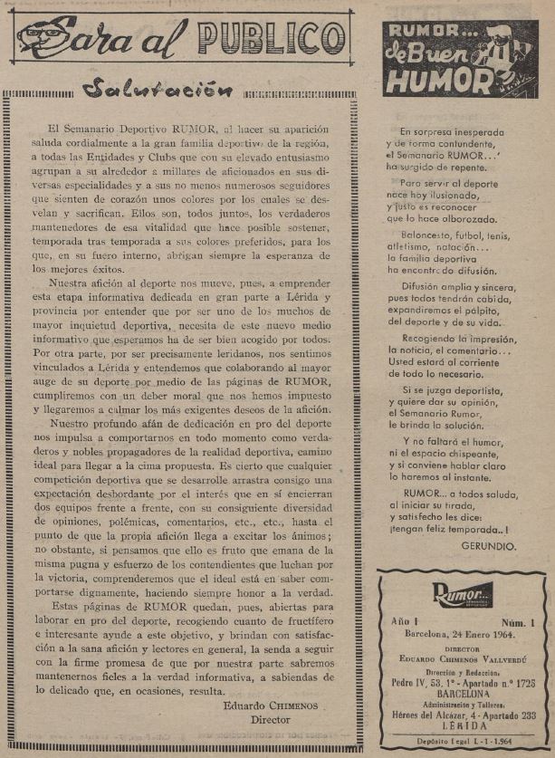 Arxiu Municipal de Lleida (@amlleida) on Twitter photo #TalDiaComAvui de 1964 sortia a la llum el setmanari esportiu Rumor. El passat agost vam posar a l'abast els 150 primers números a l'Arxiu Digital i ara aprofitem el 60è aniversari de la revista per afegir els números restants fins al juny de 1970.
#AML #Lleida
<a href="/paerialleida/">Ajuntament de Lleida</a> #TalDiaComAvui de 1964 sortia a la llum el setmanari esportiu Rumor. El passat agost vam posar a l'abast els 150 primers números a l'Arxiu Digital i ara aprofitem el 60è aniversari de la revista per afegir els números restants fins al juny de 1970.
#AML #Lleida
<a href="/paerialleida/">Ajuntament de Lleida</a>