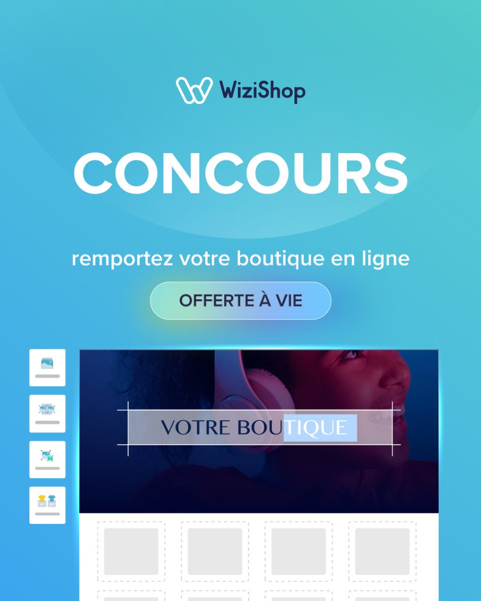 🎉🚀 GRAND JEU CONCOURS WIZISHOP !
À l'occasion du lancement de la V4 de WiziShop, cette semaine, on vous propose de remporter votre boutique e-commerce WiziShop, à vie 🛍️ 
Pour participer :
👉 RDV sur notre page instagram @wizishop.fr
🌟 À vous de jouer !
