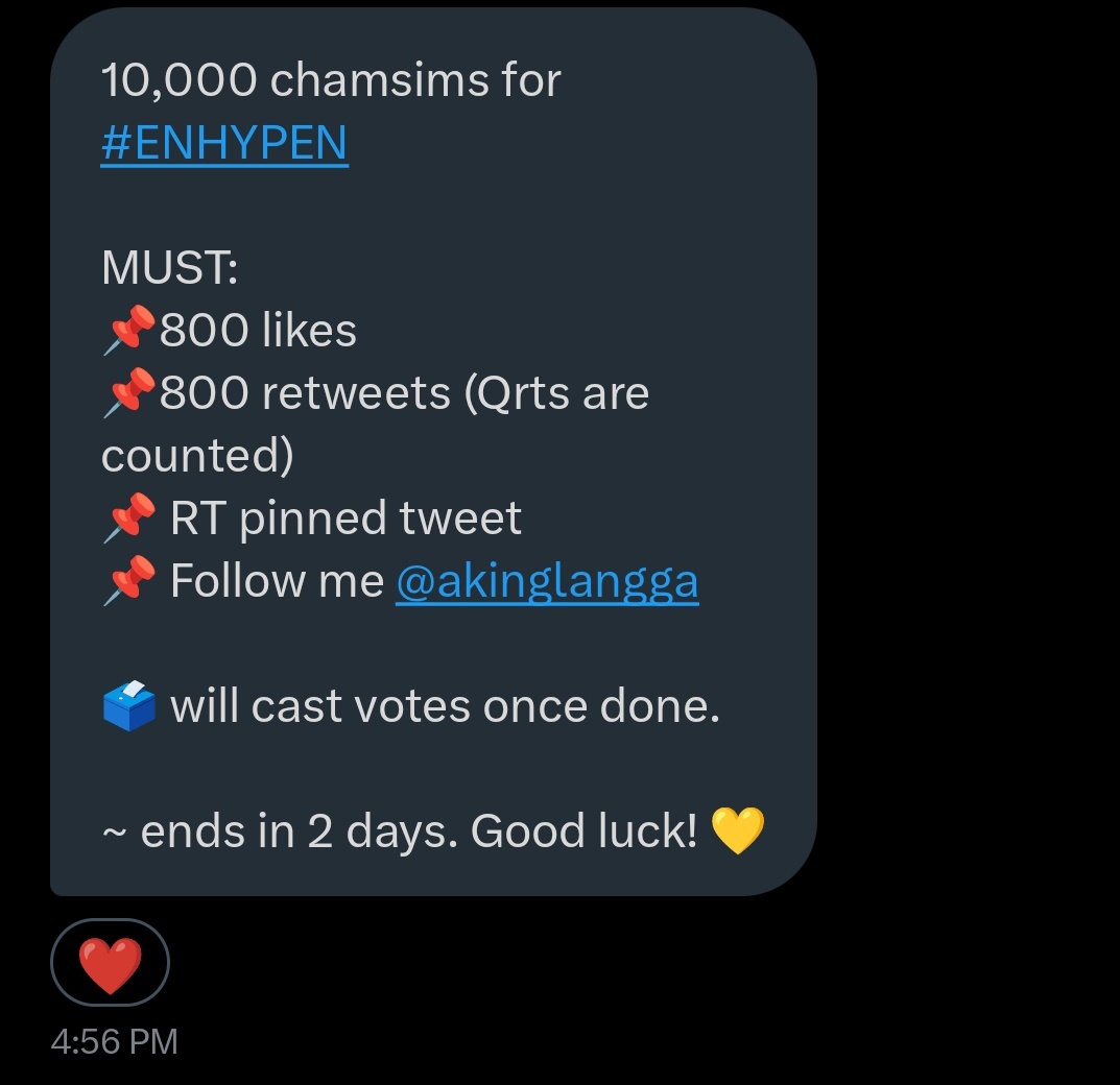 10,000 chamsims for #ENHYPEN

MUST:
📌800 likes
📌800 retweets (Qrts are counted)
📌 RT pinned tweet 
📌 Follow me @akinglangga

🗳️ will cast votes once done.

~ ends in 2 days. Good luck! 💛