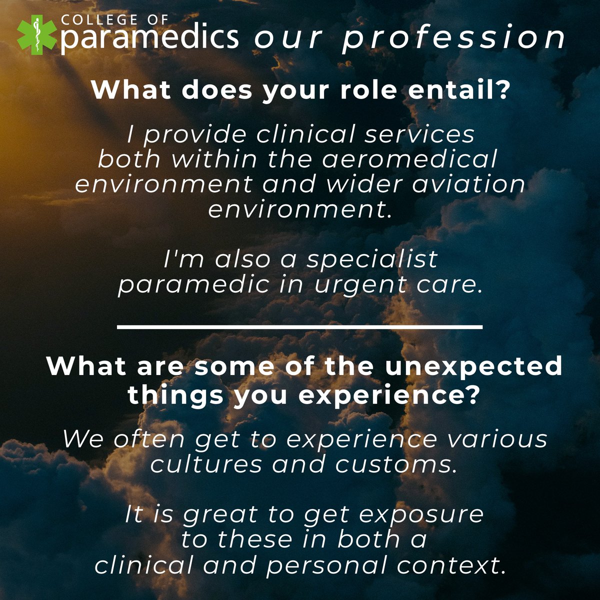 ParamedicsUK's tweet photo. This year we'll be exploring and sharing the various roles within our incredible profession ๐
First up we have Nathanael Davidson MCPara - In-flight medical officer โ๏ธ
Any questions? Drop them in the comments ๐
Want to get involved - send us a message โ๏ธ
#OurProfession https://t.co/b2aUAfOjLR