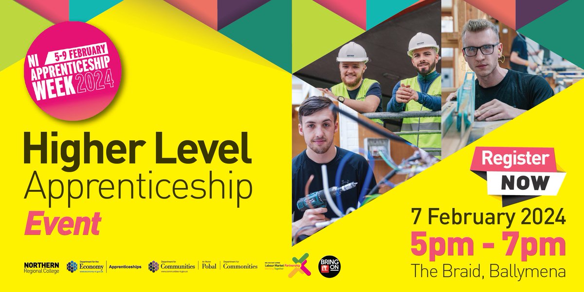 Join us at the Higher Level Apprenticeship Event!

If your interested in career opportunities, current vacancies and gaining more info on HLA's, join us and the Labour Market Partnership in Feb!

📆Wed 7 Feb 
📍The Braid, Ballymena

Click here to register: ow.ly/YISA50QssnE