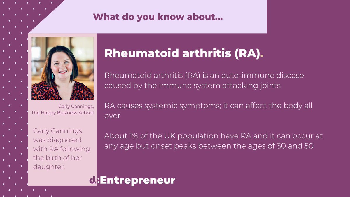 Carly Cannings, @happybizschool, developed rheumatoid arthritis (RA) following the birth of her daughter. RA is an auto-immune disease affecting about 1% of the UK population. For more information and support, visit @nras_uk: nras.org.uk