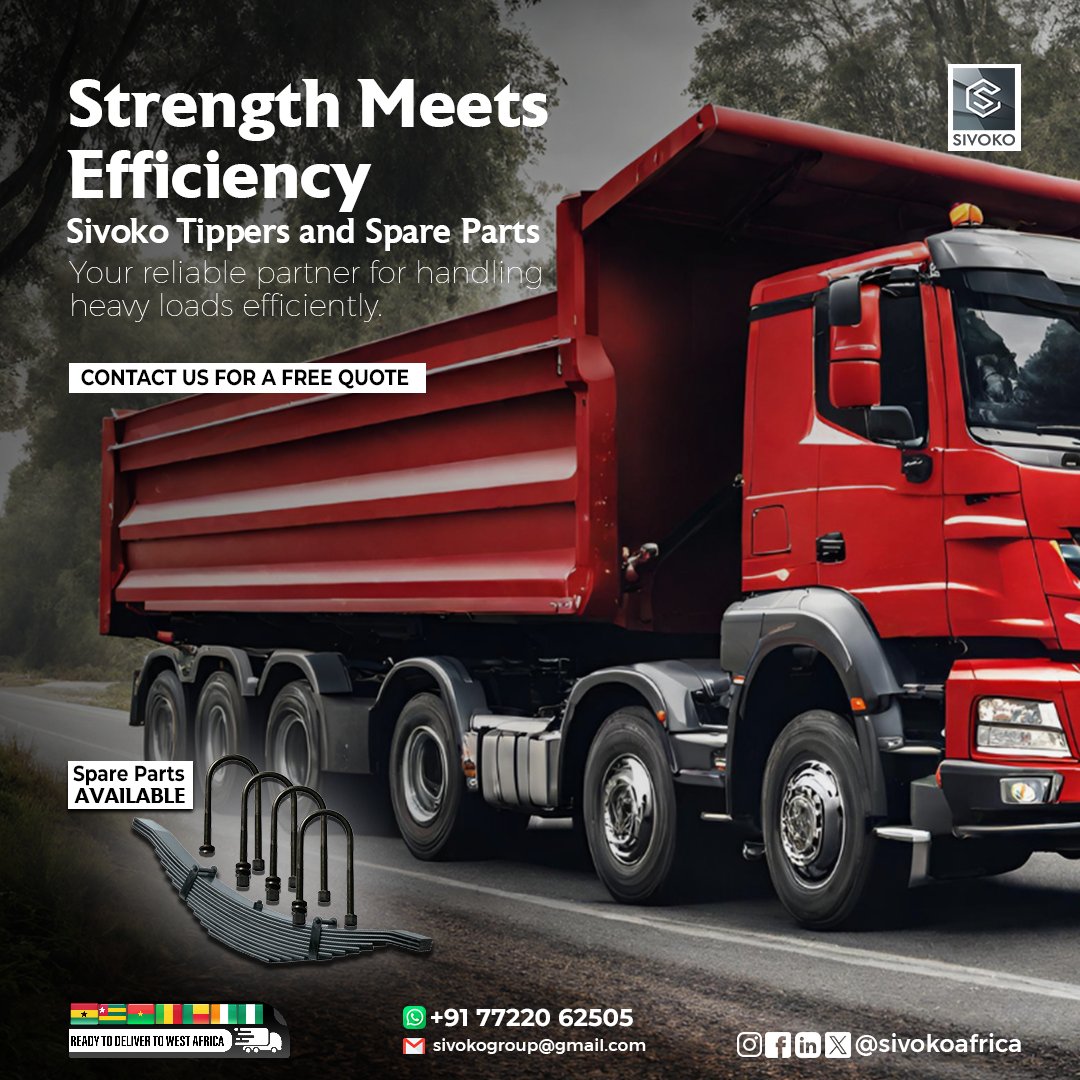 sivokoafrica's tweet image. 💪 Maximize Strength, Optimize Efficiency!

Choose Sivoko Tippers and Spare Parts - Your reliable partner for handling heavy loads with ease. 🚚🔧

Whatsapp us: +917722062505
Email us: sivokogroup@gmail.com

#HeavyLoadHandling #EfficiencyMatters #SivokoStrength