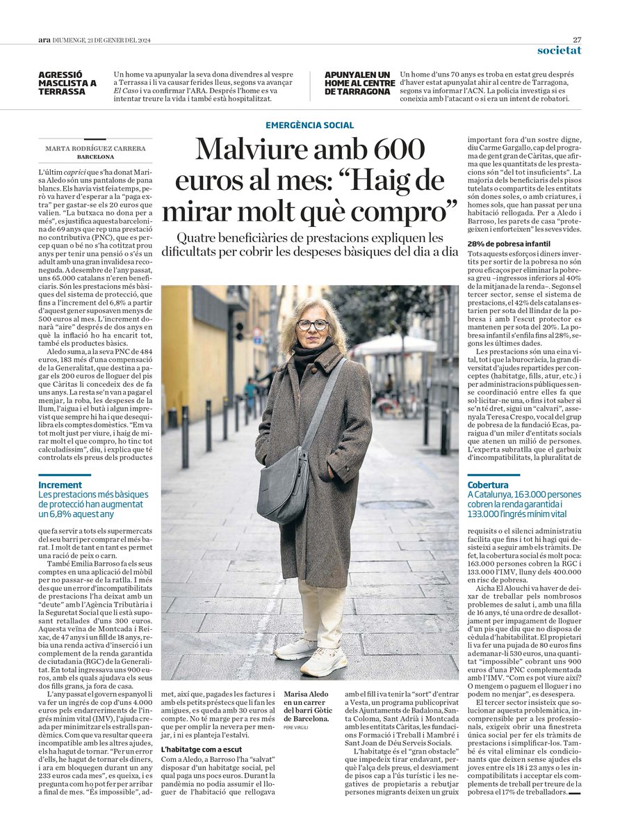 L'impacte insuficient de les prestacions en reduir la pobresa, sobretot en famílies amb infants. L'Aicha El Alouchi, participant de l' <a href="/espaitecnologic/">Espai Tecnològic</a> amb filla de 16, en perill de desnonament tot i rebre una pensió no contributiva i l'Ingrés Mínim Vital.
ara.cat/societat/emerg…