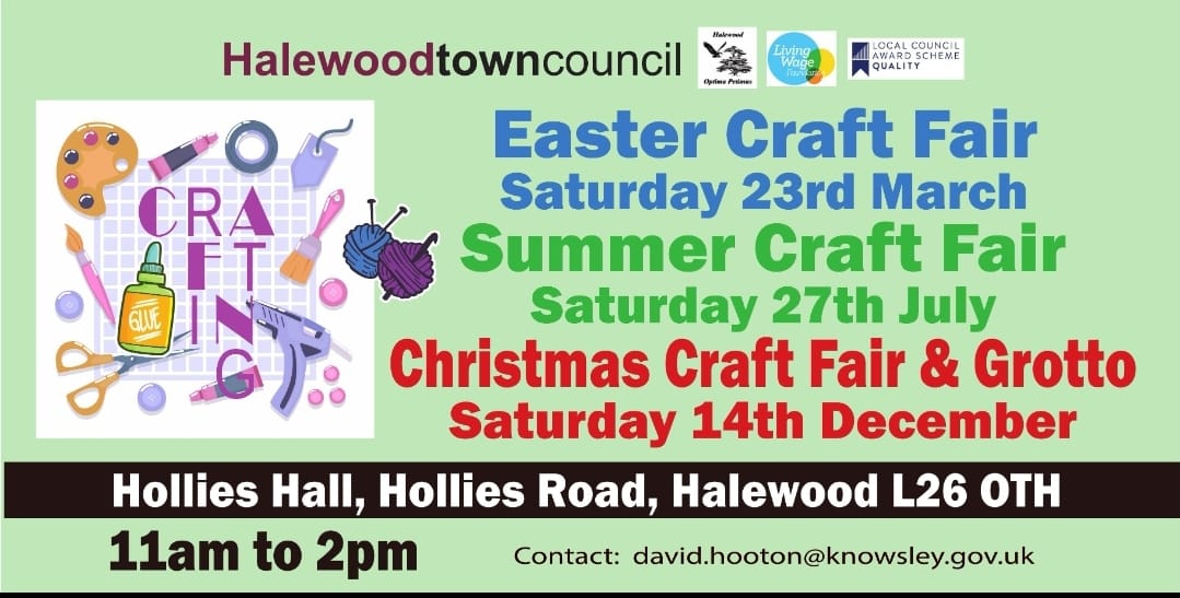 Our 2024 Craft Fair Dates are below. Bookings now being taken for our Easter Craft Fair Saturday 23rd March 2024 11am - 2pm Please contact david.hooton@knowsley.gov.uk
