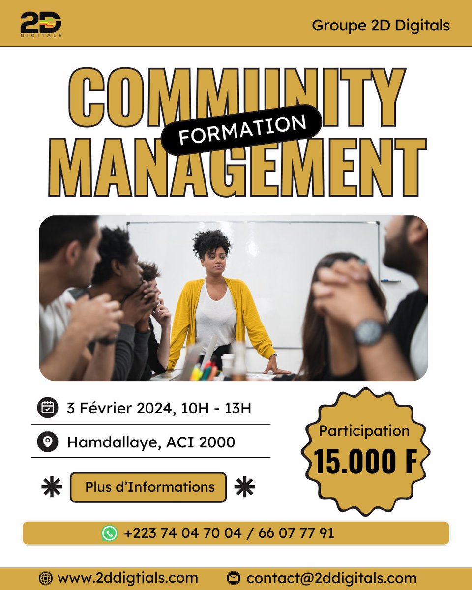 Nous vous annonçons l'ouverture des candidatures pour notre programme de formation en Community Management, une opportunité exceptionnelle d'acquérir des compétences essentielles dans le domaine en pleine expansion des médias sociaux.

📆 Date de début: Samedi 3 Février 2024