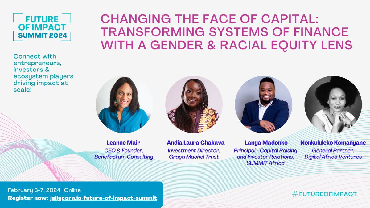 WeForXoco's tweet image. Join our courageous conversation on how to transform systems of finance with a gender &amp;amp; racial equity lens!

👉🏾 Register now for the Future of Impact Summit 2024:
jellycorn.io/future-of-impa…

#genderlensinvesting #racialequity #impactinvesting #capitalmarkets
