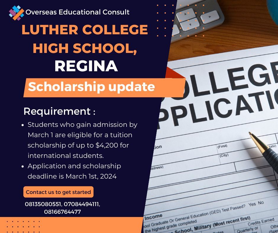 Luther College high school, Regina offers scholarship of up to $4,200 when you apply to any course of choice before 1st March, 2024.
Application has started, don't miss out on this opportunity to study in Canada.

#canada #graduateschool #scholarship #canadaschools