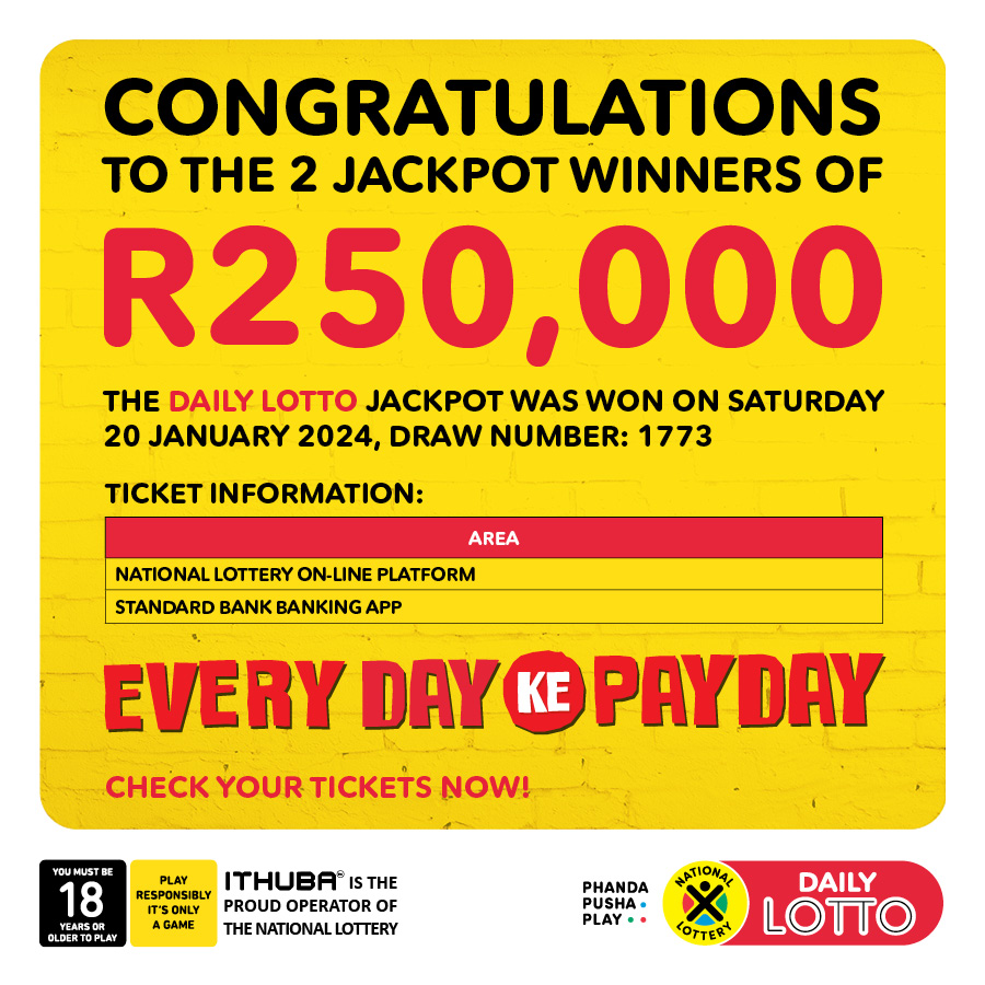 CONGRATULATIONS to the 6 lucky #DAILYLOTTO jackpot winners who WON over the WEEKEND! 4 winners won R147,028.40 each from the 19/01/24 draw. 2 winners won R250,000.00 each from the 20/01/24 draw. Play #DAILYLOTTO TODAY for an estimated R480,000 jackpot!!!