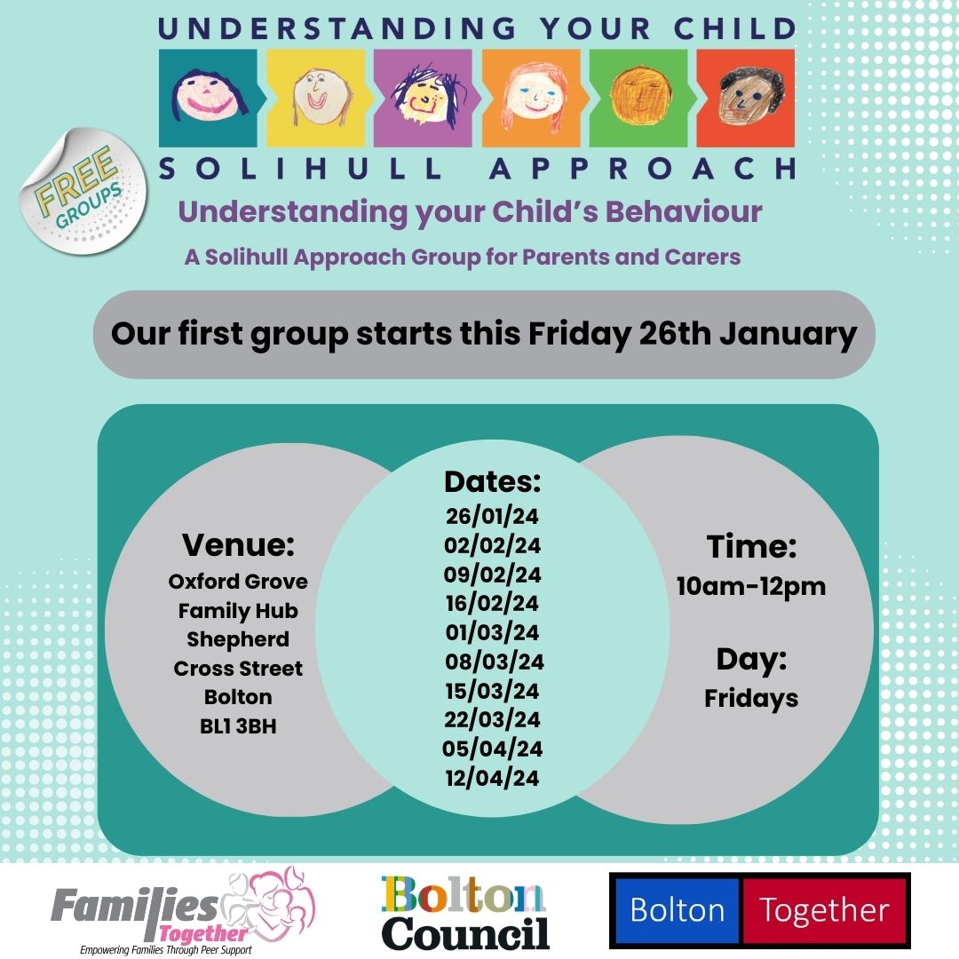 Starting this Friday! Our Solihull Approach to Parenting Groups in #Bolton for all families with children aged 0-2 years as part of the Family Hub delivery. Please share far and wide with the families you support!
To book click the link below:
forms.office.com/e/VrKEC4qWCM