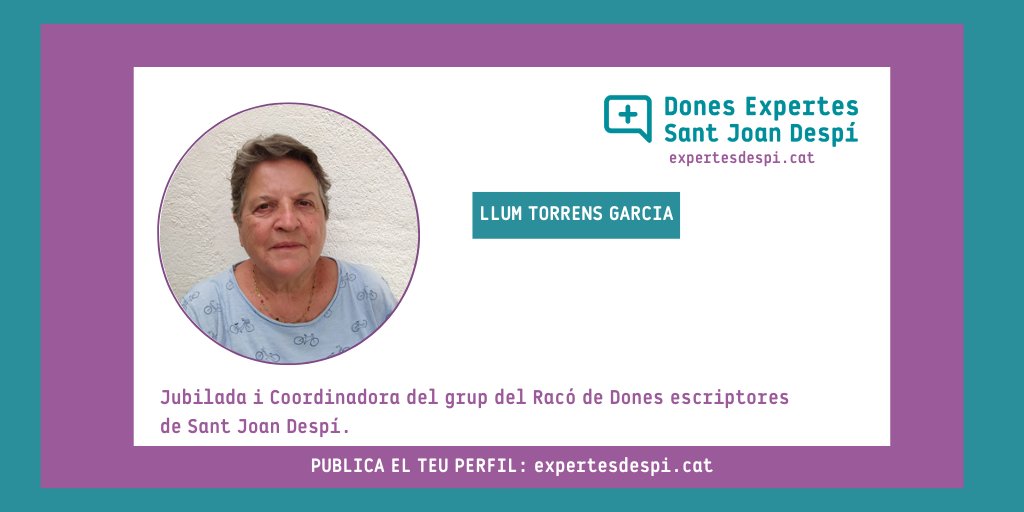 Coneixes a la Llum Torrens Garcia?

Ella és escriptora, coordinadora del grup del Racó de Dones escriptores de #santjoandespí i una de les nostres dones #expertes i #referents.

expertesdespi.cat/dona/llum-torr…

#donesdespi #femxarxa #donesexpertes