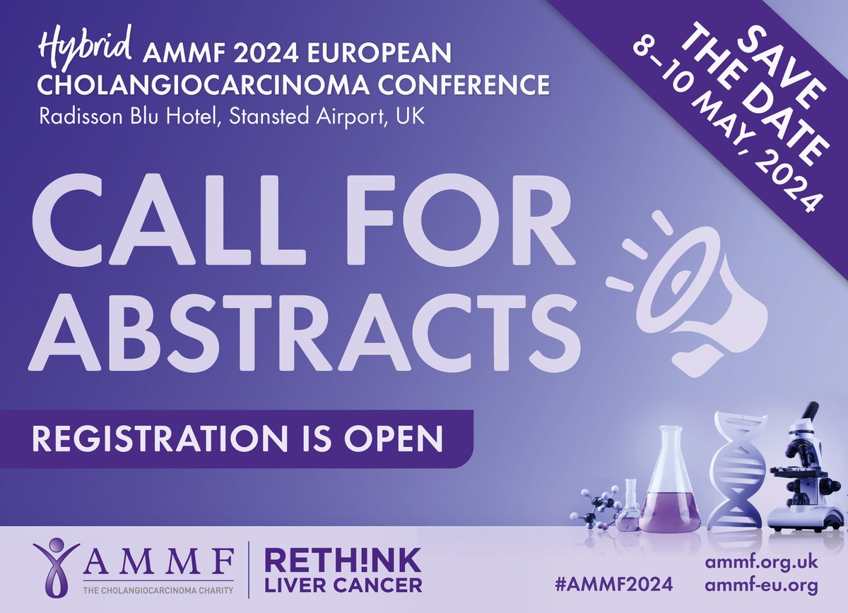 Call for Abstracts for #AMMF’s 2024 European #Cholangiocarcinoma Conference is now open! We welcome applications from all areas of CCA research, diagnosis & treatment. For more info on submission & for conference registration see: ow.ly/U1sG50QrgIa #AMMF2024 #livertwitter