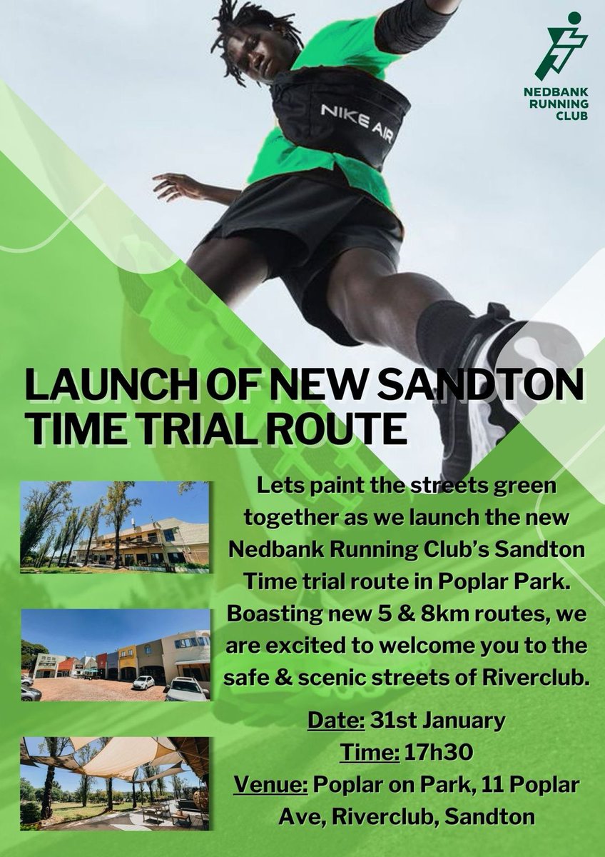 📢 ATTENTION SANDTON RUNNERS 📢 We're excited to announce the launch of our NEW Routes at Poplar Park 👏🥳 Join us next Wednesday and stand a chance of winning a few spot prizes 🎁🏃🏿‍♂️🏃‍♀️ #MoreThanAClub @nedbanksport @Bavaria @BiogenSA @futurelifeza @Nike @ThirstiW