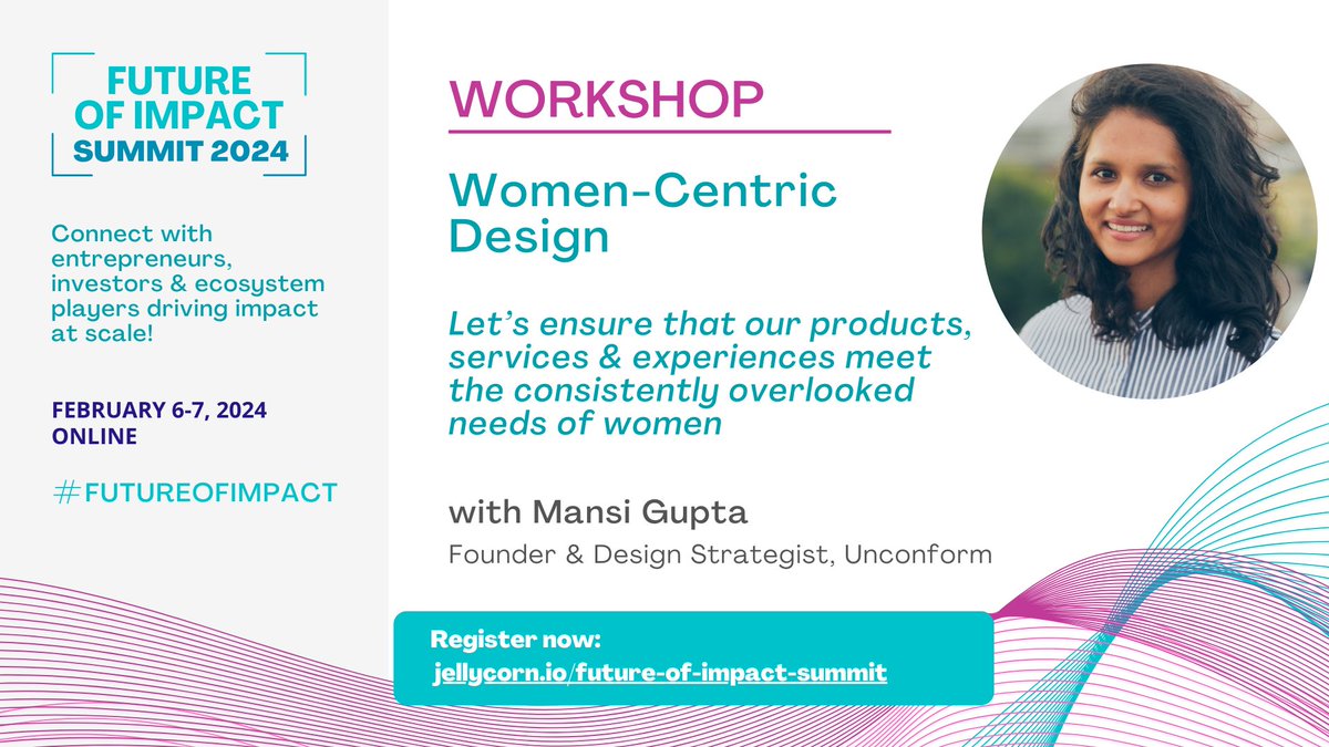 WeForXoco's tweet image. Let’s ensure that our products &amp;amp; services meet the overlooked needs of women! 💫

Join us for a lively workshop with Mansi Gupta, Founder of @unconformstudio on Women-Centric Design at the Future of Impact Summit 2024!

📌 Register now: jellycorn.io/future-of-impa…

#gendersmart