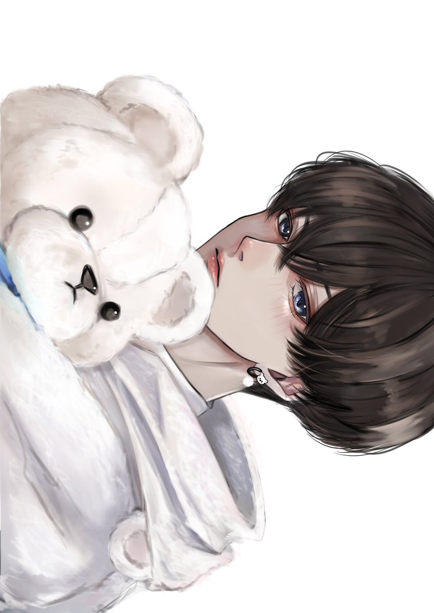teddy bear stuffed toy stuffed animal 1boy male focus earrings white background  illustration images