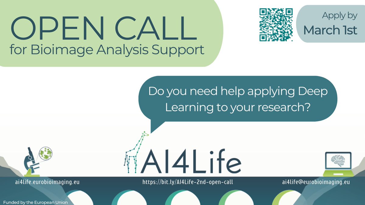 📣 Call to all life scientists! We're launching today the 2nd AI4Life Open Call! We will support projects in need of #DeepLearning image analysis support.

Apply now! ai4life.eurobioimaging.eu/second-open-ca…

⏳Deadline: March 1, 2024

@REA_research #AI #Bioimaging #Imaging #ImageAnalysis