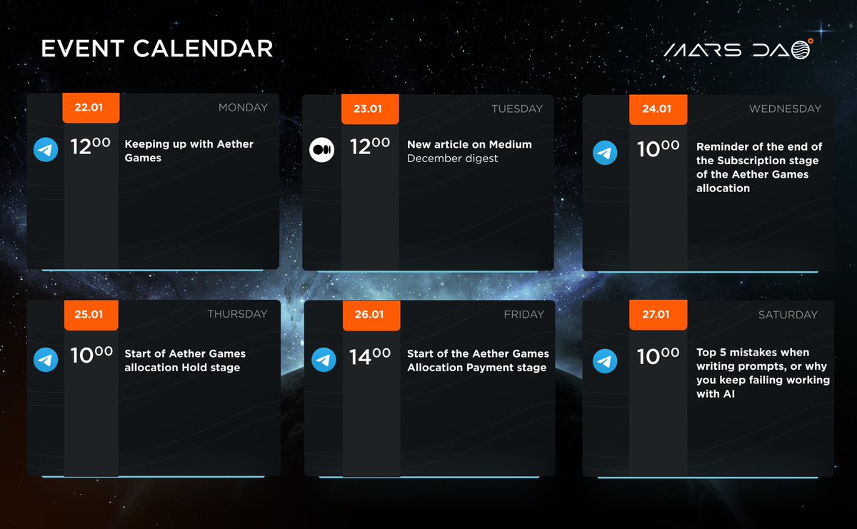 MARS DAO (@0xmarsdao) on Twitter photo We publish an updated schedule of important events of the #MarsDAO ecosystem! <a href="/AetherGamesInc/">Aether Games</a>
The time indicated in the schedule corresponds to the time zone UTC +0.
#Crypto #Launchpad We publish an updated schedule of important events of the #MarsDAO ecosystem! <a href="/AetherGamesInc/">Aether Games</a>
The time indicated in the schedule corresponds to the time zone UTC +0.
#Crypto #Launchpad