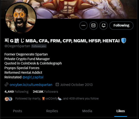 insane how many people don't realize the alpha hidden in <a href="/DegenSpartan/">찌 G 跻 じ MBA, CFA, FRM, CFP, NGMI, HFSP, HENTAI 🛡️</a> 's likes