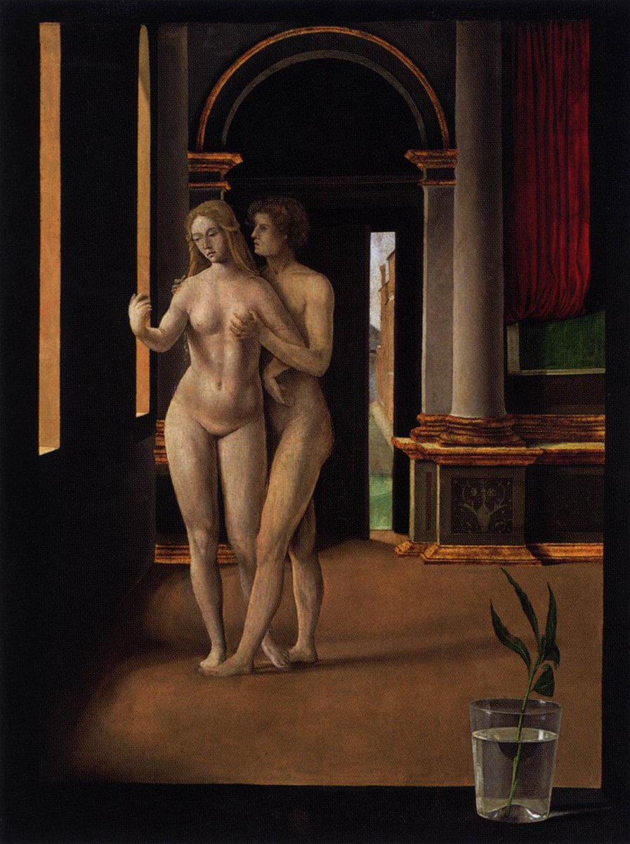 Jacopo dè Barberi
Allegoria 1497-1500
Olio su pannello di pioppo
Staatliche Museen, Berlino
La connotazione evoca la raffigurazione di Adamo ed Eva nel momento della Caduta nonché il tema della Morte e della Fanciulla, che divenne più noto attraverso Hans Baldung Grien.