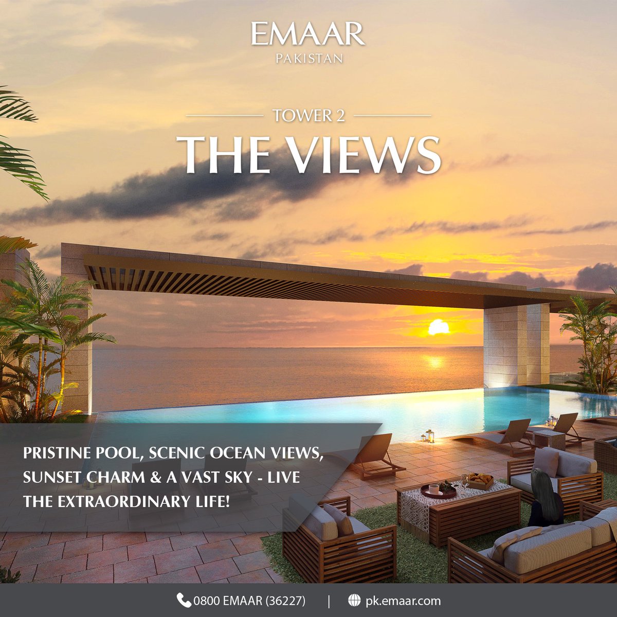 EmaarPakistan's tweet image. Discover a sanctuary where pristine poolside perfection meets the majesty of scenic ocean at Emaar Views. As the sun gracefully sets, experience the allure of its charming hues, all set against the canvas of a vast, expansive sky. 

#PoolArea #SunsetViews #OceanViews #ScenicSky