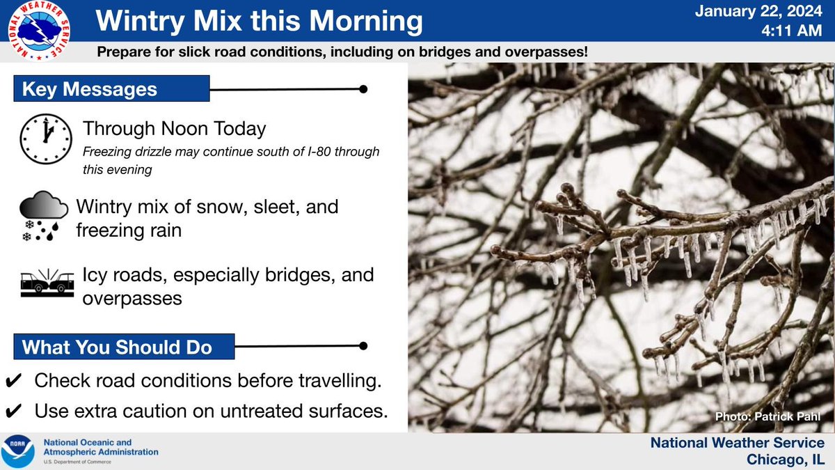 NWSChicago's tweet photo. A wintry mix will move across the area this morning leading to icy spots on roads. The wintry mix should transition to drizzle this afternoon, with the highest coverage south of I-80. Check road conditions before traveling this morning! https://t.co/BIeoCDHOer