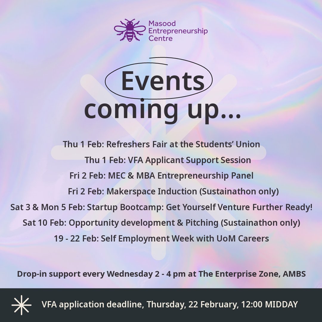 Key dates coming up! We've partnered up w/ @uomcareers for Self Employment Week, check what's on here 👉 bit.ly/42eXwCM More info on VFA and our Startup Bootcamps 🔗 bit.y/VFA24info 🚨 The drop-ins on Wed 24 Jan to be at Uni Place in front of the reception from 2- 4pm.
