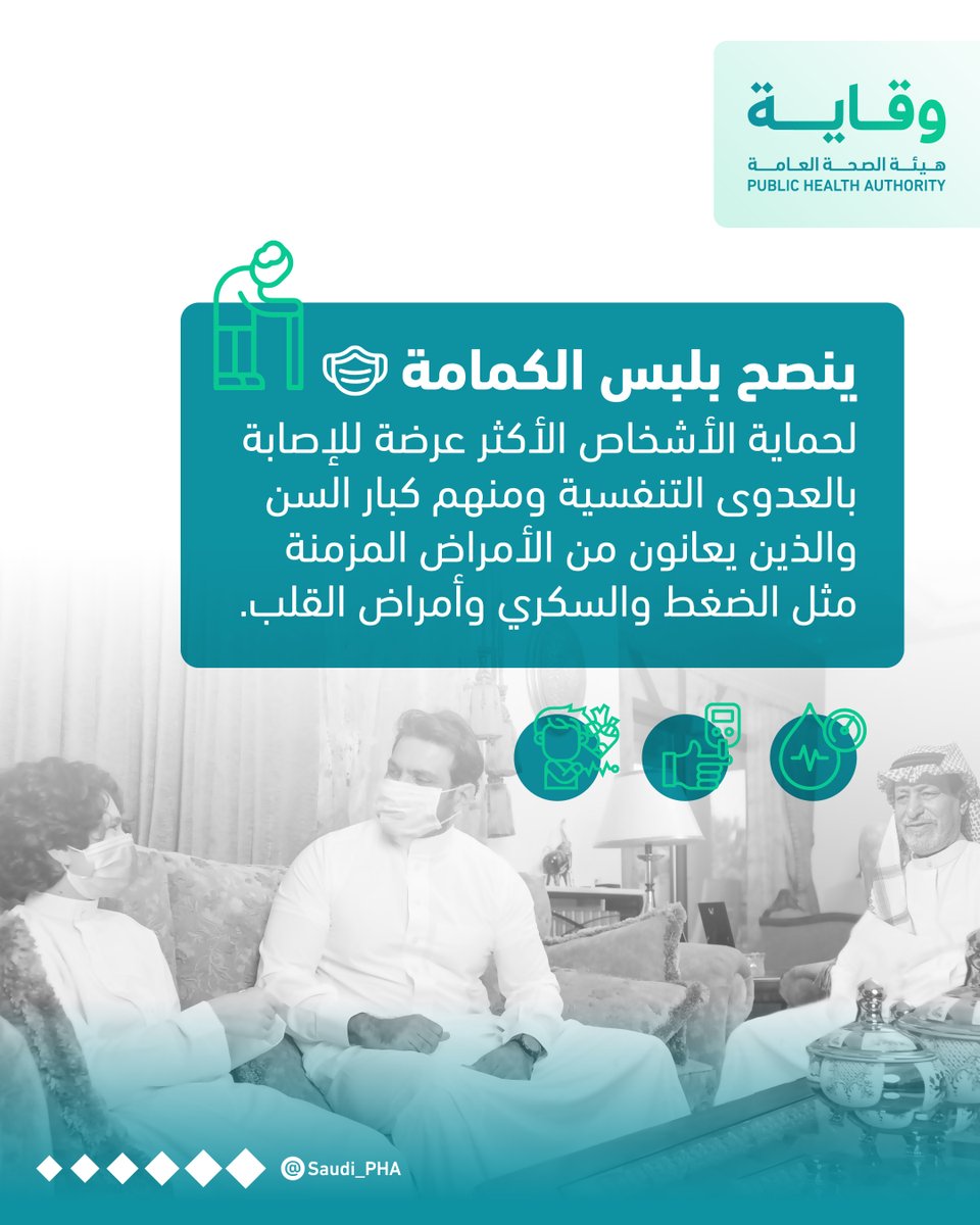 ينصح بلبس الكمامة لحماية الأشخاص الأكثر عرضة للإصابة بالعدوى التنفسية 

#هيئة_الصحة_العامة (#وقاية)