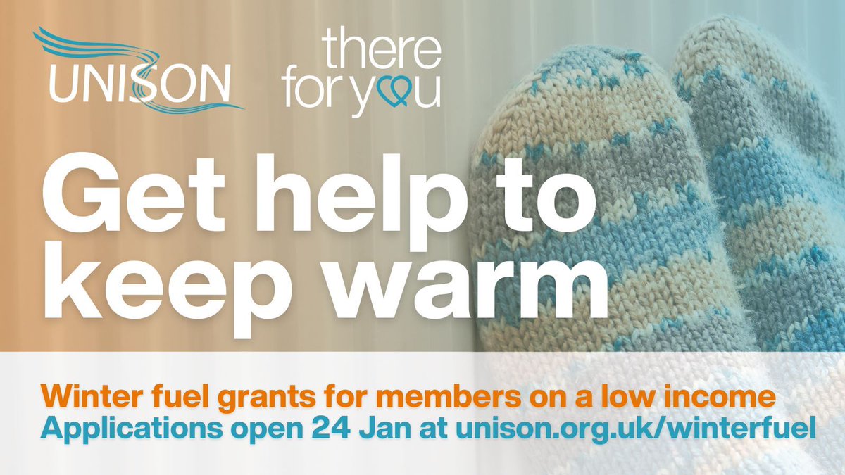 Struggling with winter fuel bills?❄️ 

There For You offer limited one-off £200 grants to UNISON members on a low income.

Opens Wednesday 24 January unsn.uk/41SPAHd