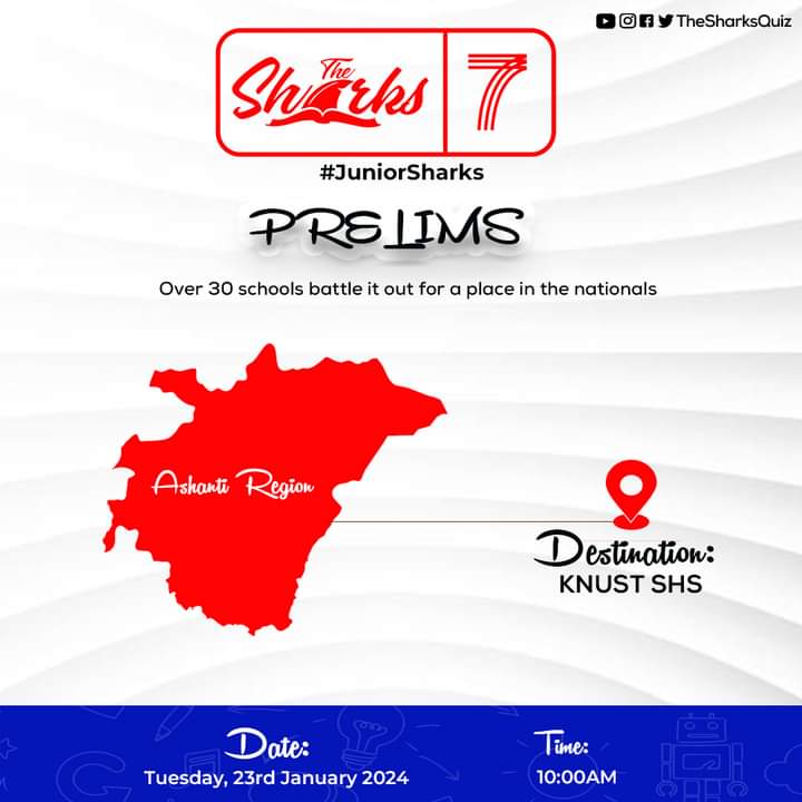 HubDavis's tweet photo. #JuniorSharks!
Are you ready for the Ashanti Regional Prelims?

This Tuesday 23rd January, 2024, over 30 Junior High Schools will battle it out at KNUST SHS for a place in the nationals of #TheSharksQuiz season 7
Can your school make it?

#TheSharks 
#Sharks7
Cc: @thesharksquiz https://t.co/r3LmrzWd7b