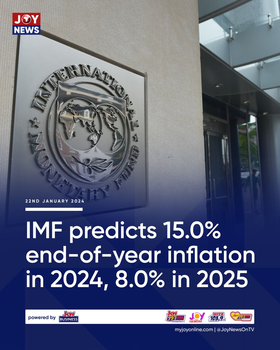 JoyNewsOnTV's tweet photo. IMF predicts 15.0% end-of-year inflation in 2024, 8.0% in 2025 #JoyNews 
https://t.co/cetdhGVNSM https://t.co/HFXxbKfdHy